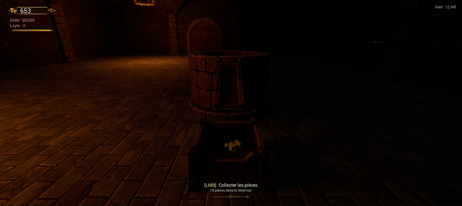 Dungeon Debt prototype in Play in Editor: coin reservoir, financial HUD and contextual collection prompt