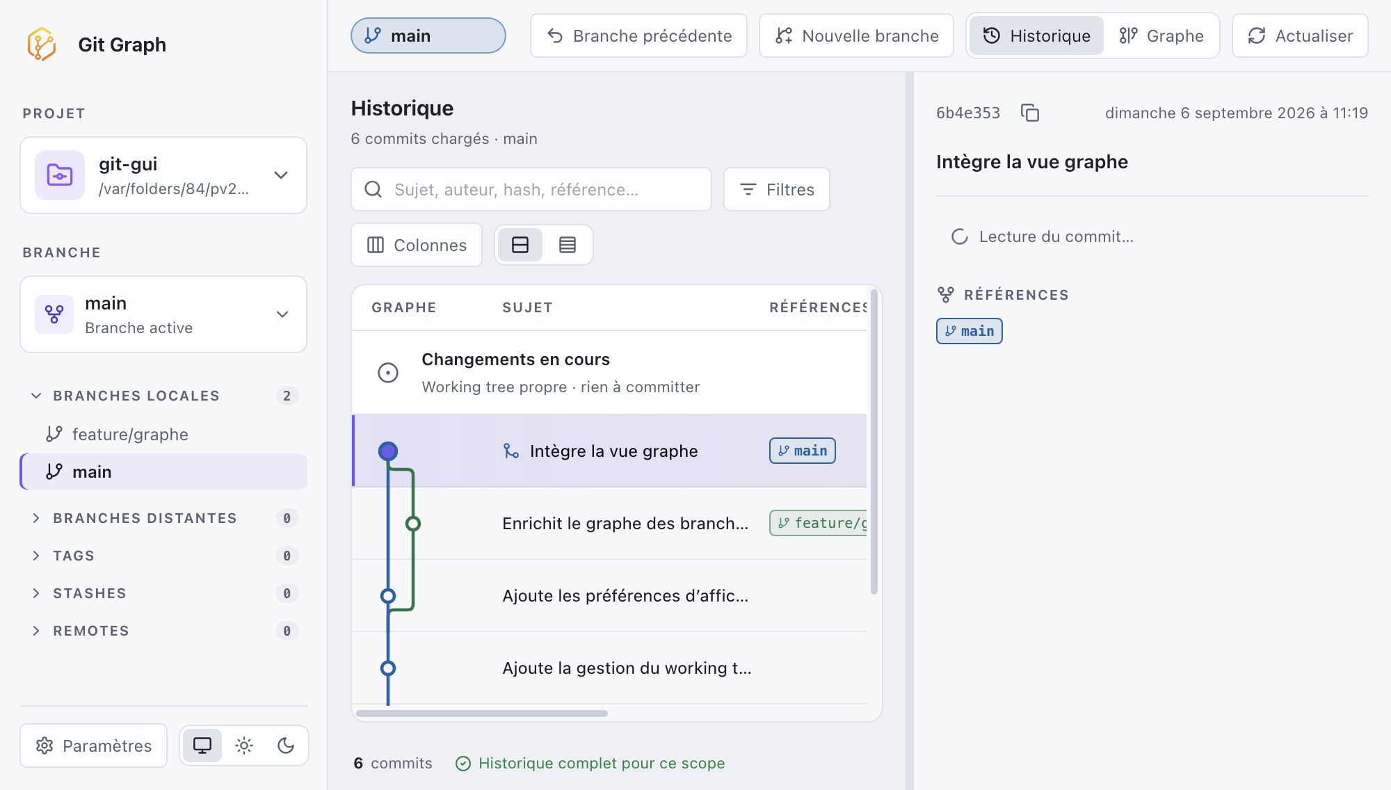 Détails d’un commit sélectionné dans GitGUI