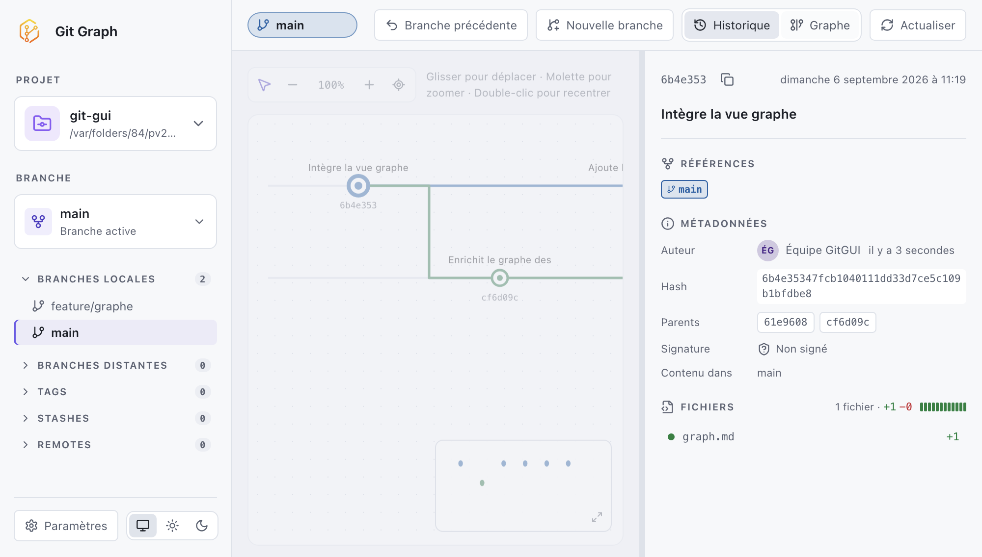 Vue graphique de l’historique dans GitGUI