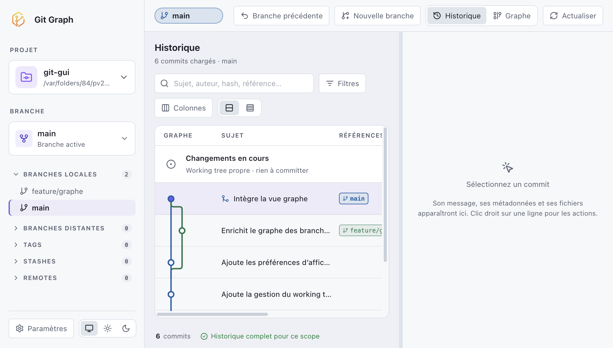 Historique des commits affiché dans GitGUI