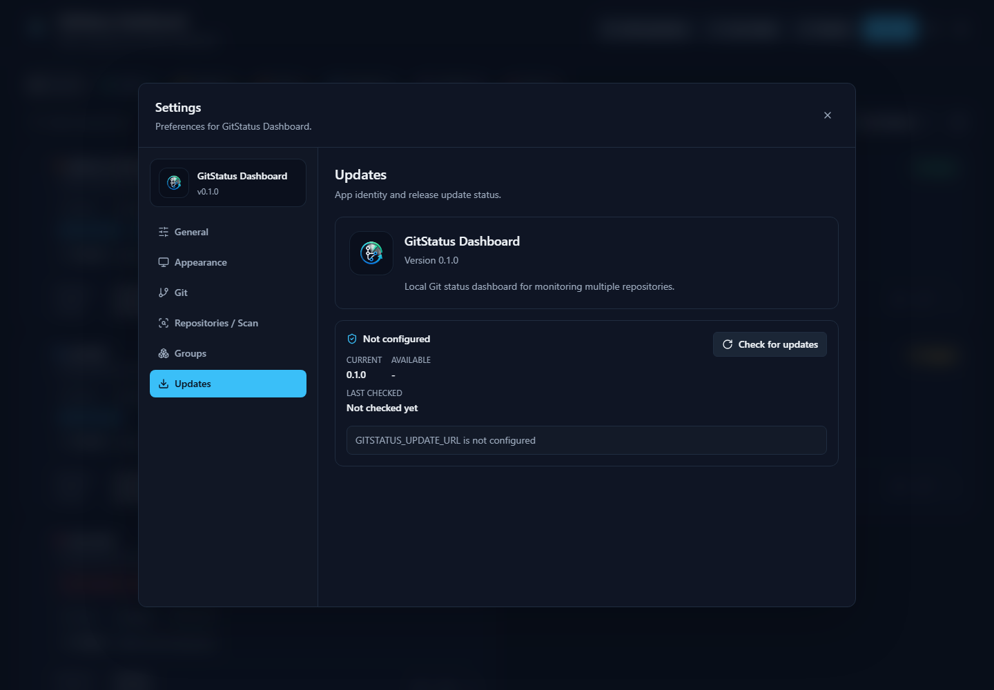 GitStatus Dashboard - settings et intégrations