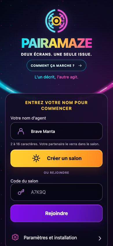 Écran d’accueil mobile de Pairamaze