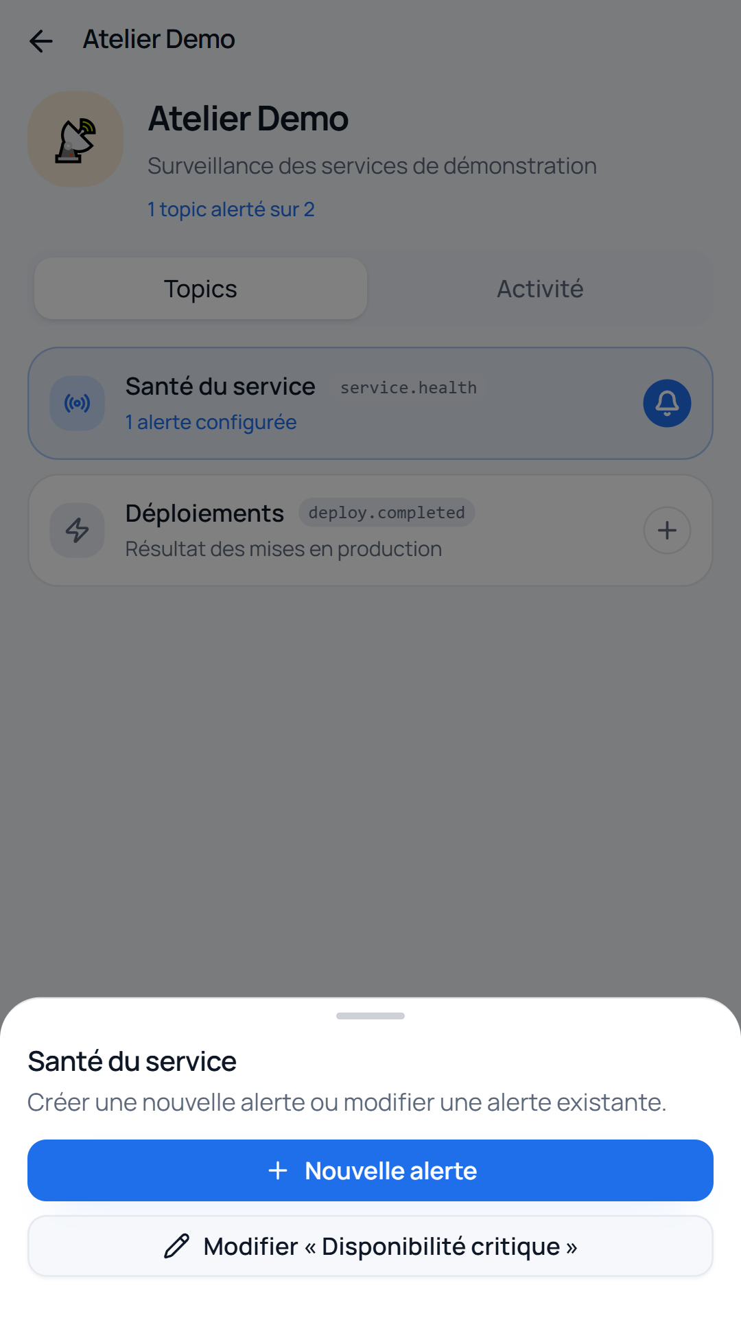 Pingoid alert configuration for a demo service topic