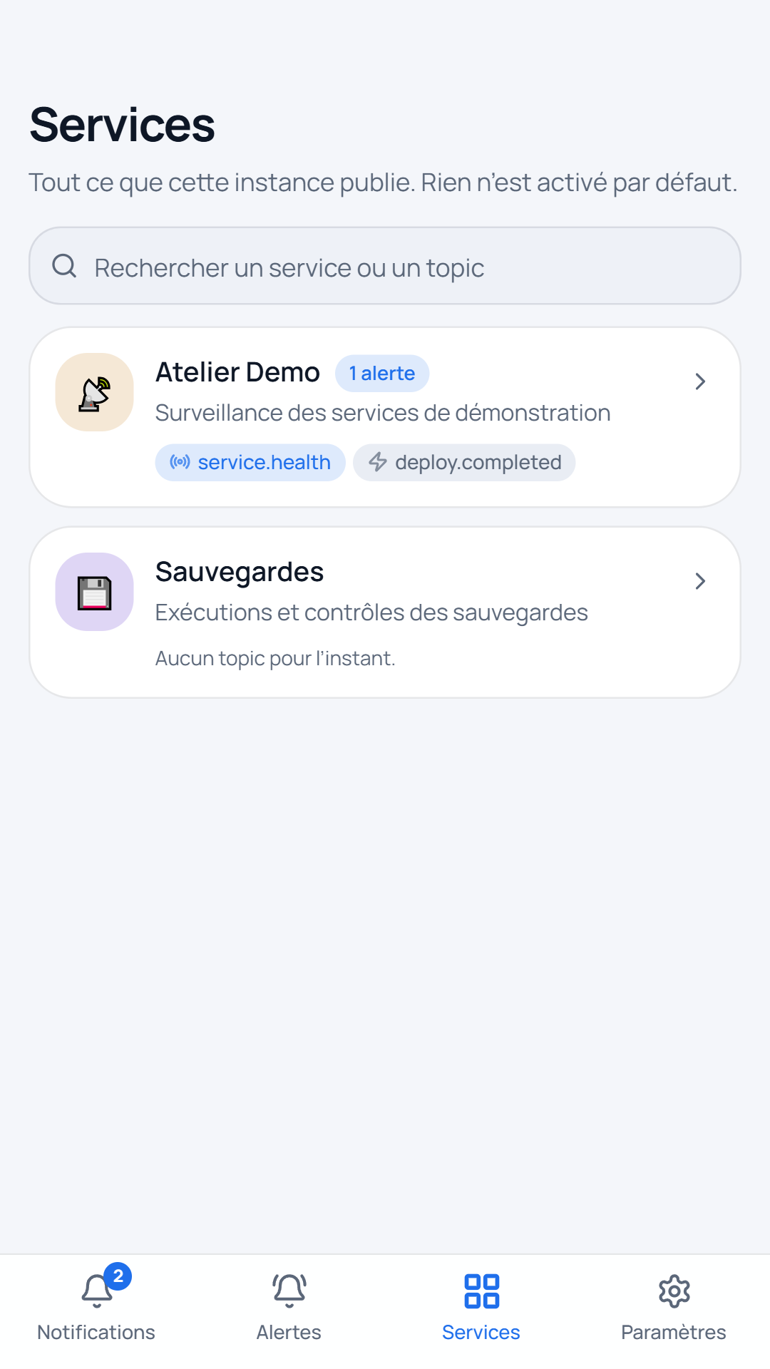 Pingoid service catalogue with demo services and topics
