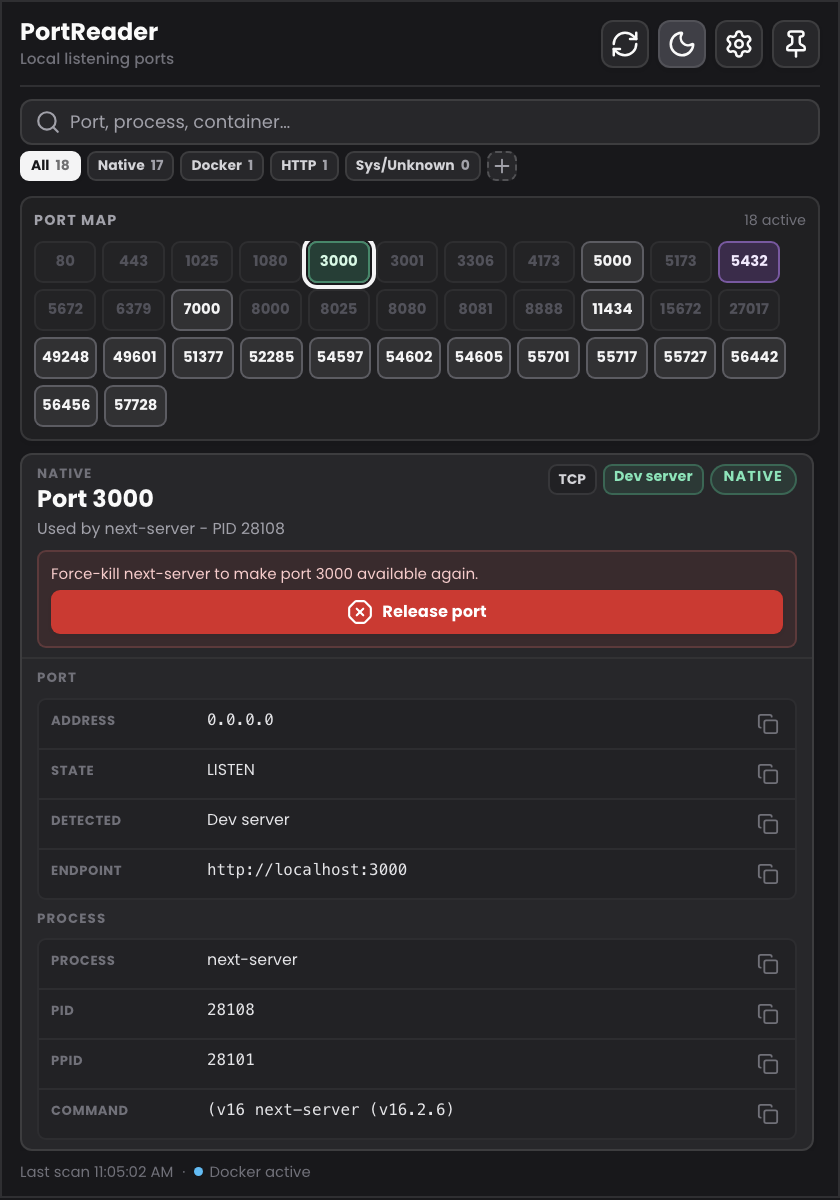 Interface de PortReader en mode sombre