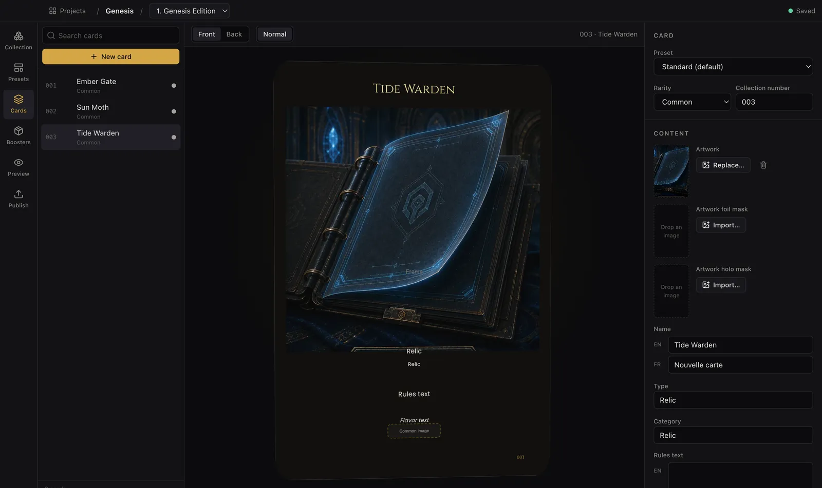 Relicard Creator Studio card editing workspace with content fields and card preview
