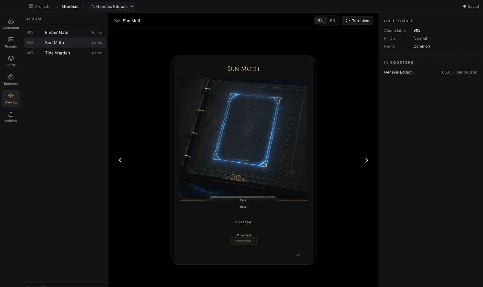 Relicard Creator Studio preview with card album, language and finish controls