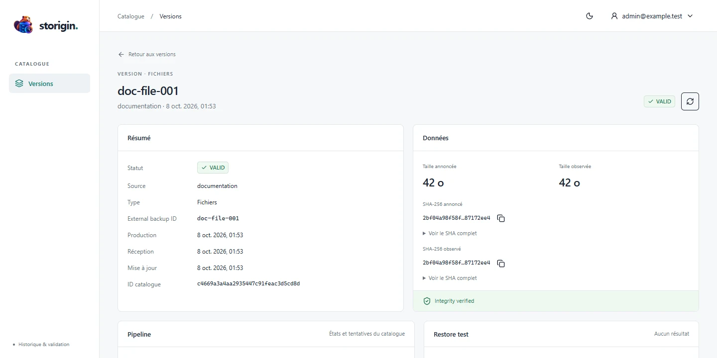 Storigin version detail with integrity checks and job history on demonstration data