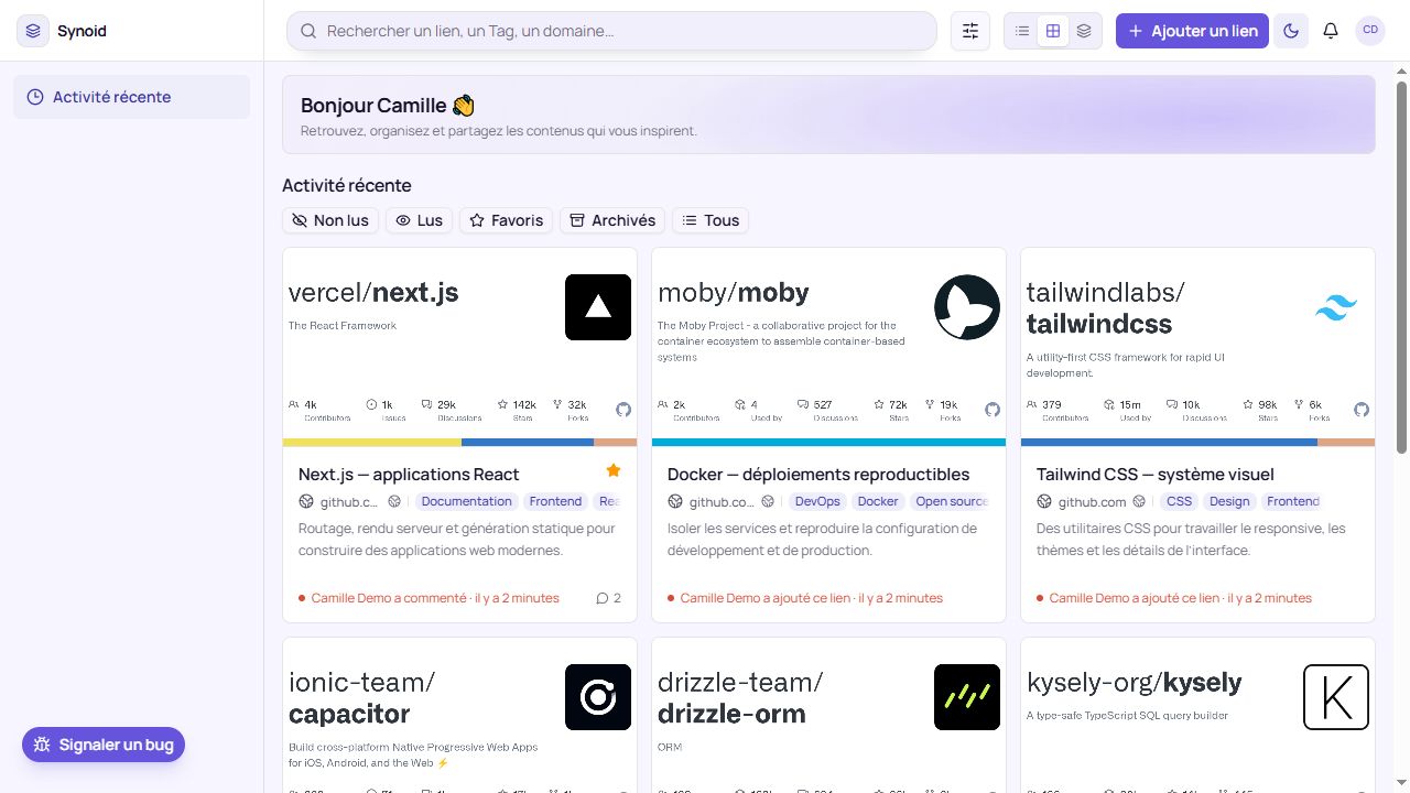Accueil Synoid en thème clair avec des ressources de test