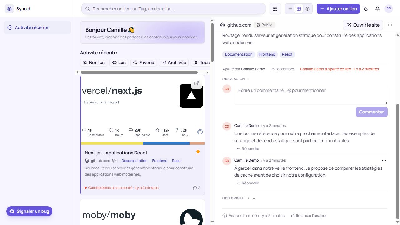 Discussion sur une ressource Synoid avec des commentaires de test