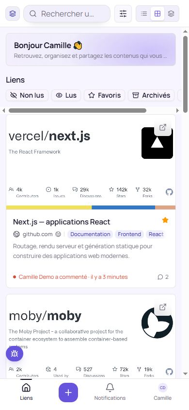 Accueil mobile de Synoid avec des ressources de test